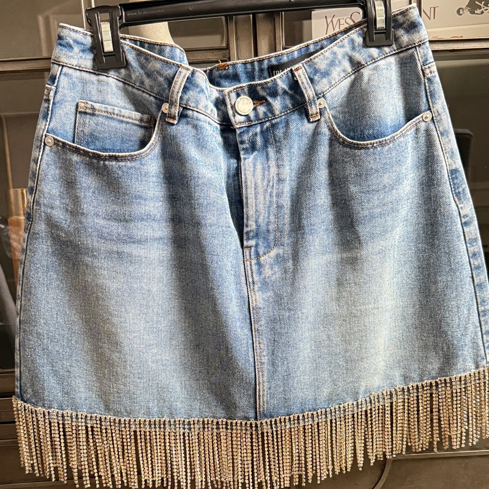 Blank NYC Blue Denim Skirt with Beaded Fringe